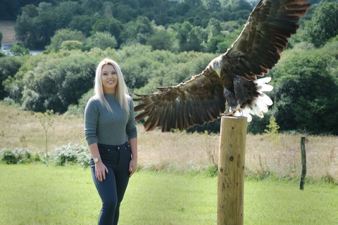 Dr Sophie-lee Williams with Atlantis the Welsh ambassador White-tailed Eagle at the British Birds of Prey Centre © Simon R Leach 