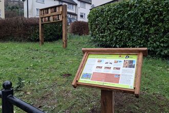 An interpretation board and a bee hotel on a patch of green space in Pontypool