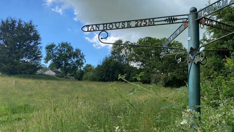 green field with blue sky at shirenewton meadows. 