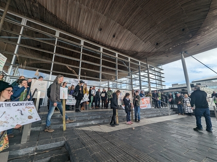 Mike Webb addresses crowd demonstrating support for the Gwent levels at Senedd steps 