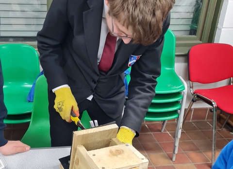 Aidan making a nest box
